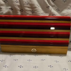 Tory Burch Red and Gold Striped Clutch